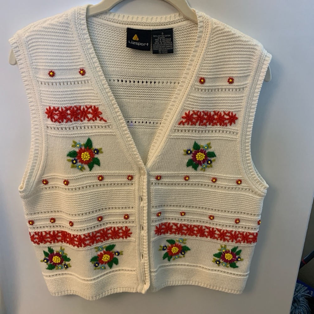 Women's Cream Sweater Vest with Red Floral Accents Christmas Lizsport